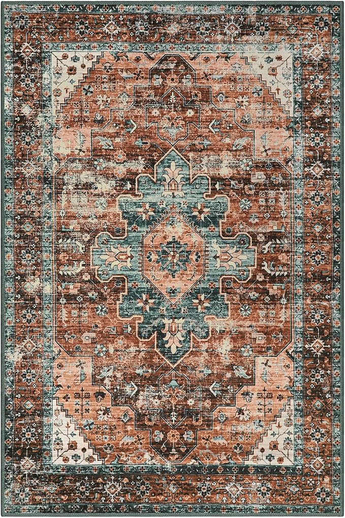 Moynesa Ultra-Thin Washable 10x14 Area Rugs for Living Room, Boho Large Living Room Rug Non Slip,Vintage Oriental Indoor Floor Carpet for Dining Room Table Dorm Home Office Decor, Brick Red