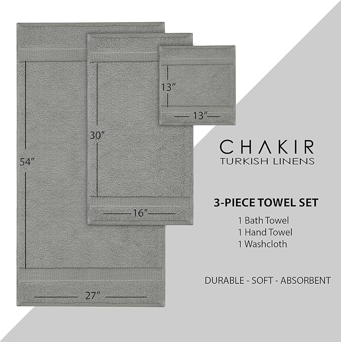 Chakir Turkish Linens | Hotel & Spa Quality 100% Cotton Premium Turkish Towels | Soft & Absorbent (Personalized 3-Piece Towel Set, Gray)