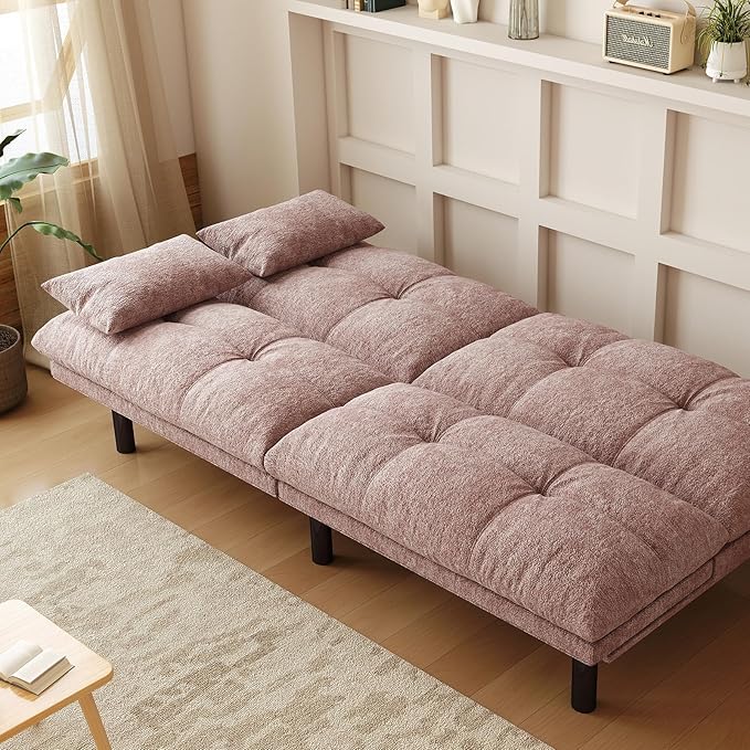 Futon Sofa Bed Convertible 70 inch Solid Wood Couch for Living Room, Chenille Fabric, 2 Cushions (Pink)