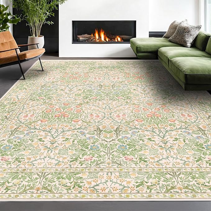 Washable Light Green Rug for Living Room - 9x12 Large Area Rug for Dining Room Under Table, Soft Low Pile Carpet for Bedroom - Vintage Floral, Non-Slip & Stain Resistance (9x12 Beige Green)