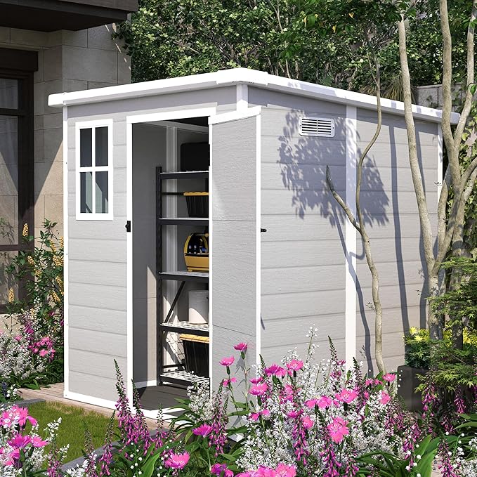 6' x 6' Resin Storage Shed Outdoor, PP Material & Strong Structure for All Weather, Plastic Garden Shed w/Window for Garden, Backyard, Poolside and Lawn, 12mm Thick PP Board - Grey