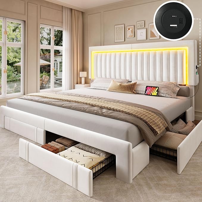 DWVO King Size Bed Frame with Adjustable Headboard, 4 Storage Drawers and RGB LED Lights, Velvet Upholstered Platform Bed with USB Ports, No Box Spring Needed, Fast Assembly, Noise-Free, White