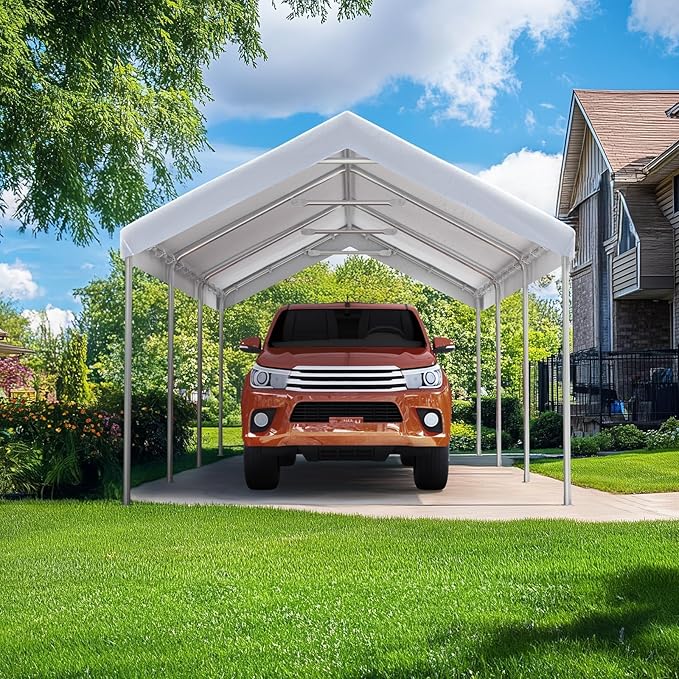 Quictent 10x20 ft Heavy Duty Carport Canopy Galvanized Car Tent Outdoor Garage Boat Shelter with Reinforced Structure, with Hanging Edge - White