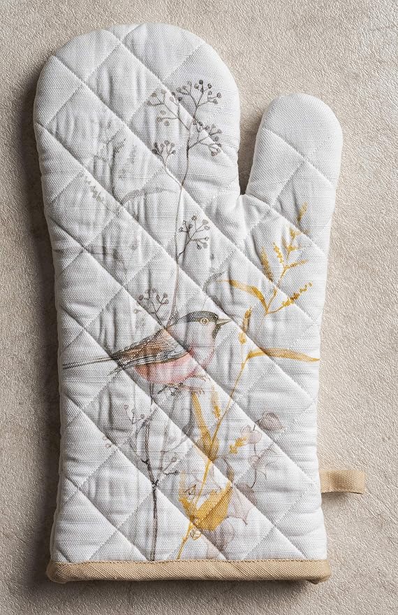 Maison d' Hermine Oven Gloves 100% Cotton Oven Mitt 7" x 13" with Loop Heat Resistant, BBQ, Cooking Gloves, Grilling, Kitchen, Handling Hot Pans Spring/Summer (Pack of 1, Meadow Florals - Beige)