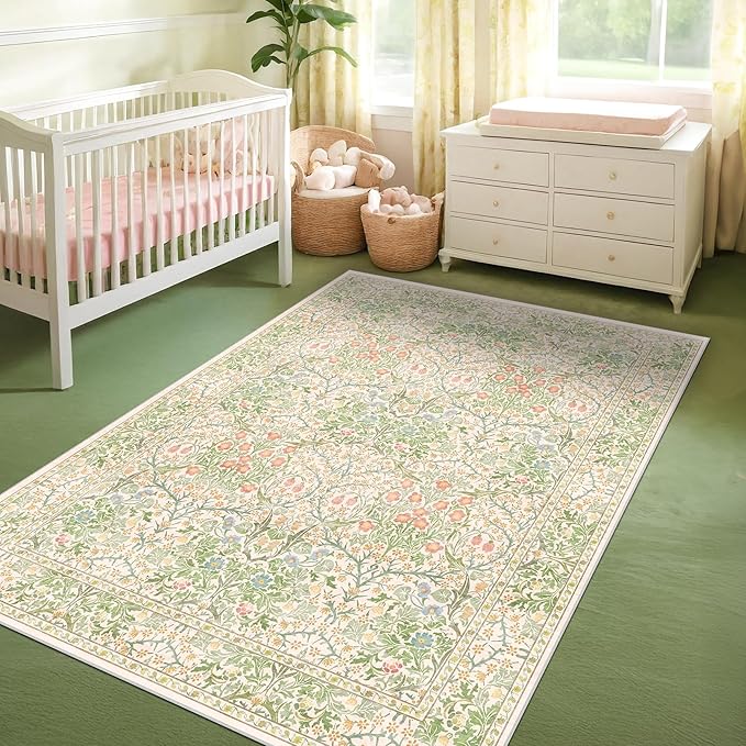 Washable Beige Green 5x8 Area Rug for Large Entryway, Living Room, Kids Room, Boy Bedroom, Playroom - Vintage Oriental Rug Low Pile Non Slip & Stain Resistance (5x8 Beige Green)