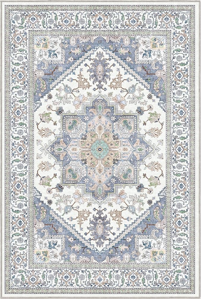 OPPODREAM Thin Area Rugs 5x7, 5x7 Washable Rug with Non Slip Backing, 5 x 7 Faux Cashmere Low-Pile Carpet, Purple & Green & Cream