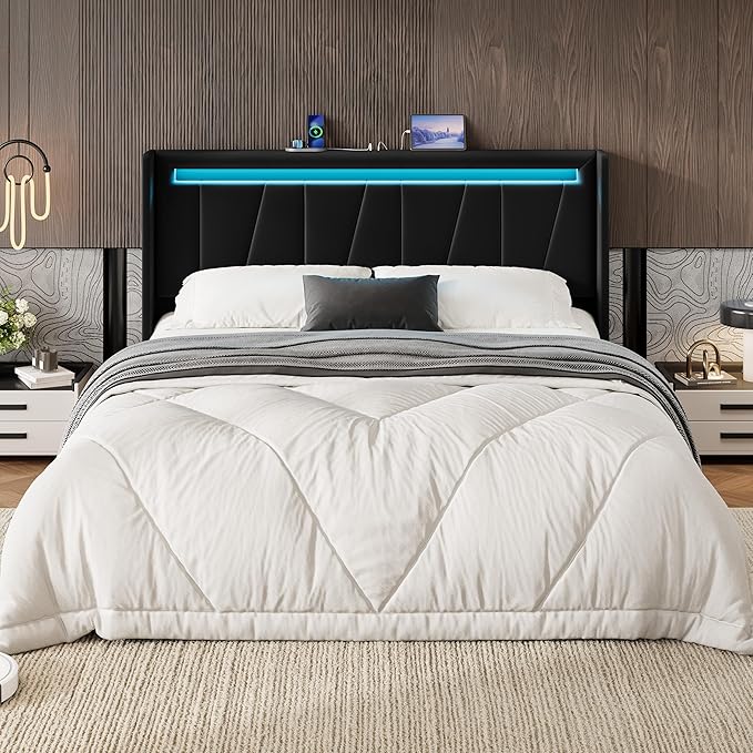 SHA CERLIN Full Size Bed Frame with Charging Station and LED Lights, Modern Velvet Platform Bed with Upholstered Geometric Wingback Headboard, No Box Spring Needed, Easy Assembly, Black