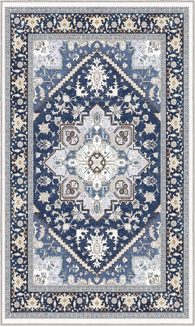 OPPODREAM Thin Area Rugs 3x5, Washable Rugs with Non Slip Backing, Low-Pile Throw 3x5 Carpet, Faux Cashmere 3 x 5 Carpet, Navy Blue & Gold