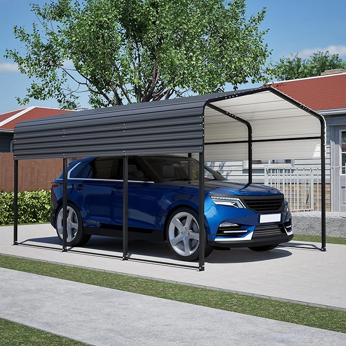 Metal Carport Kit 10x15 FT Heavy Duty Galvanized Garage Shed for Car Truck Boat Outdoor All Weather Sunshade Canopy Tent Car Shelter with Tarpaulin Sidewalls Enhanced Base Sloped Top