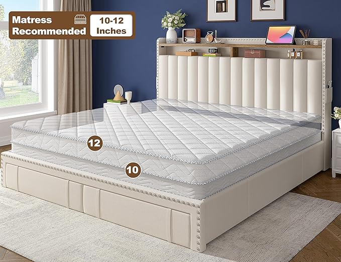 EnHomee King Size Bed Frame, Upholstered King Bed Frame with 4 Storage Drawers & 2-Tier Headboard Shelves, 1200LBS Heavy Duty, No Box Spring Needed, Easy Assembly, Beige