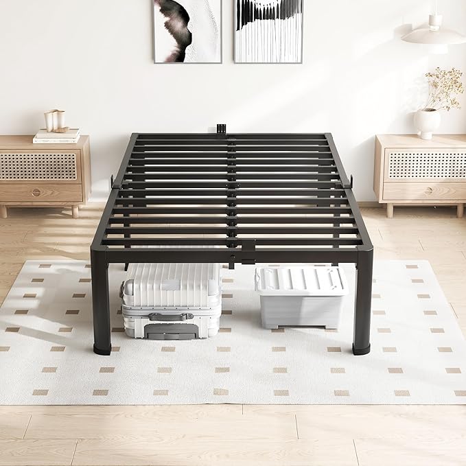 16 Inch Twin Size Bed Frame, 3500Lbs Heavy Duty Metal Platform with Round Corner Legs Mattress Slide Stopper, Steel Slat Support No Box Spring Needed, Noise Free, Non-Slip, Easy Assembly