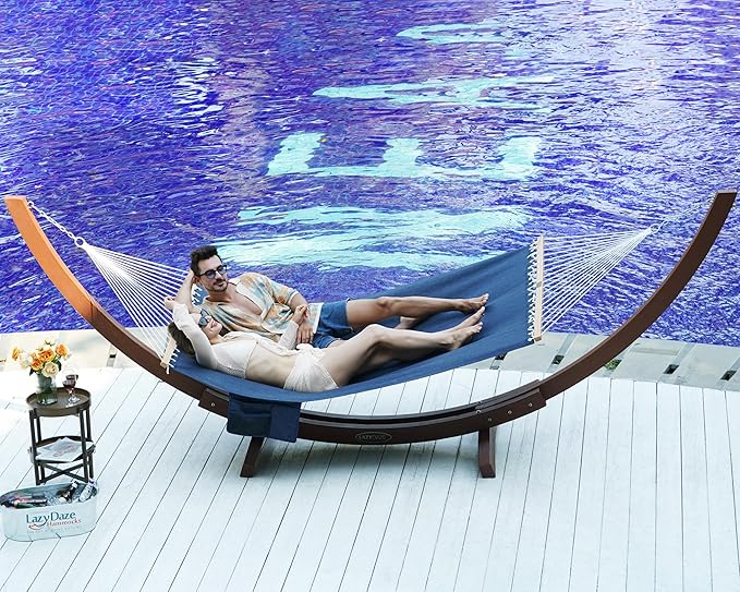 Lazy Daze Hammocks 11 FT Double Outside Hammock Quick Dry Olefin Fabric Hammock with Spreader Bar & Side Pocket for Outdoor Poolside Backyard 450 lbs Capacity, Heather Navy