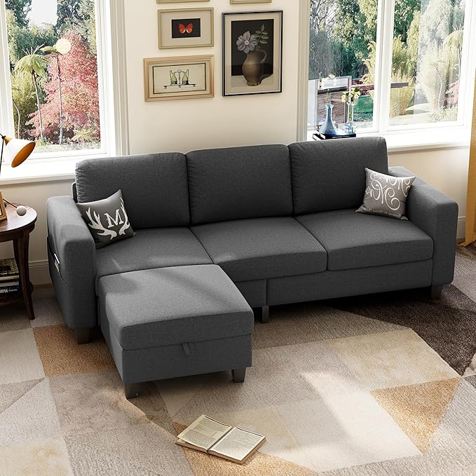 Sectional Sofa Couches for Living Room, 78'' Dark Grey 3 Seater L-Shaped Couch with Storage Ottoman, Comfy Fabric Convertible Sectionals Sofas with Chaise for Apartment, Office, Small Space