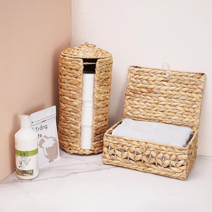 Wicker Toilet Paper Storage Stand with Lid, Toilet Paper Holder for Up to 3 Mega Rolls, Water Hyacinth Toilet Paper Basket Bathroom Accessories Organizer