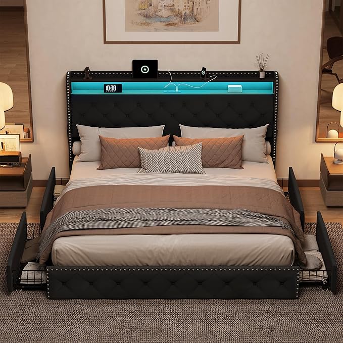 BRELTAM Black Queen Size Bed Frame with LED Light and Charging Station,Upholstered Velvet Tufed Bed Frame with 4 Storaged Drawers Platform Bed Frame with Headboard Heavy Duty Wood Slats, Noise Free