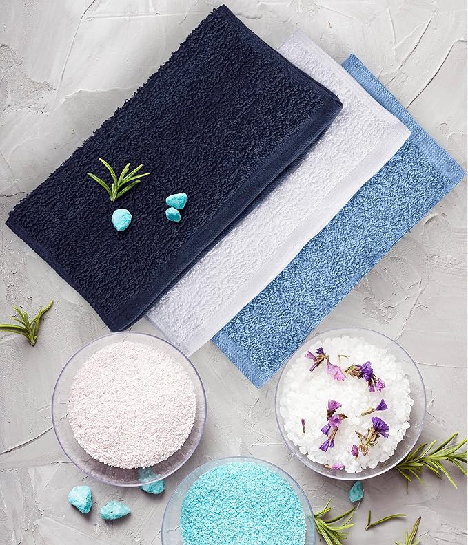 Towel and Linen Mart 100% Cotton - Wash Cloth Set - Flannel Face Cloths, Highly Absorbent and Soft Feel Fingertip Towels (Navy, White & Sky Blue, Pack of 12)