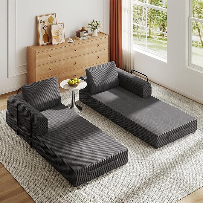 Antetek Convertible Sofa Bed, Comfy Corduroy Fluffy Love seat Sleeper Sofa, 5 in 1 Folding Couch Bed, Fold Out Floor Couch with Pillows for Bedroom, Living Room, Office, Pinstripe, Grey