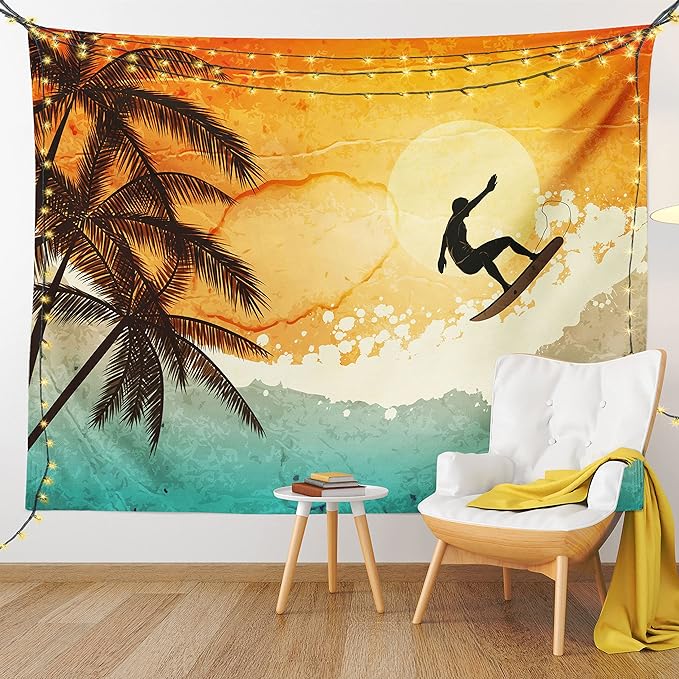 Ambesonne Grunge Tapestry, Illustration of Tropical Island Surfer on Sea Waves and Palms at Sunset, Fabric Wall Hanging Decor for Bedroom Living Room Dorm, 30" X 45", Orange Turquoise Black