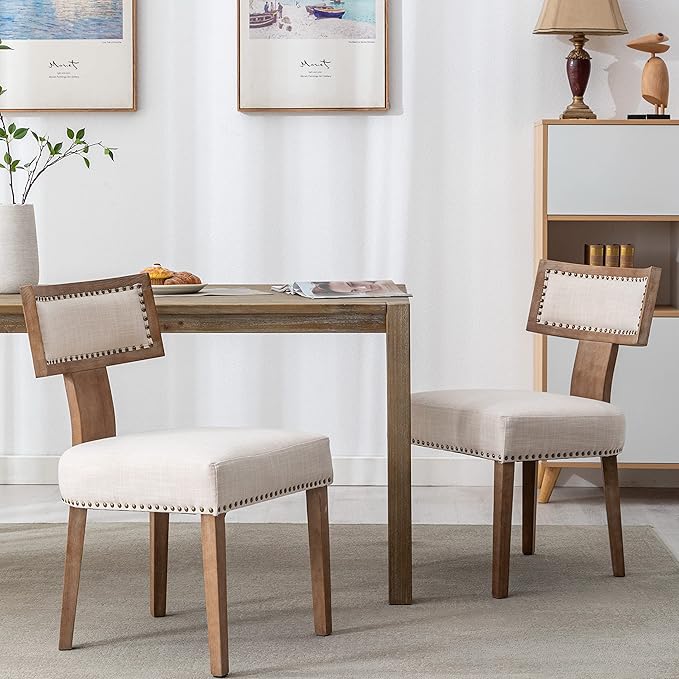 Mid Century Modern Dining Chairs Set of 4 Upholstered Linen Fabric Kitchen Dining Side Chairs with Nailhead Trim, Modern Kitchen Armless Solid Wood Dining Chairs, Beige
