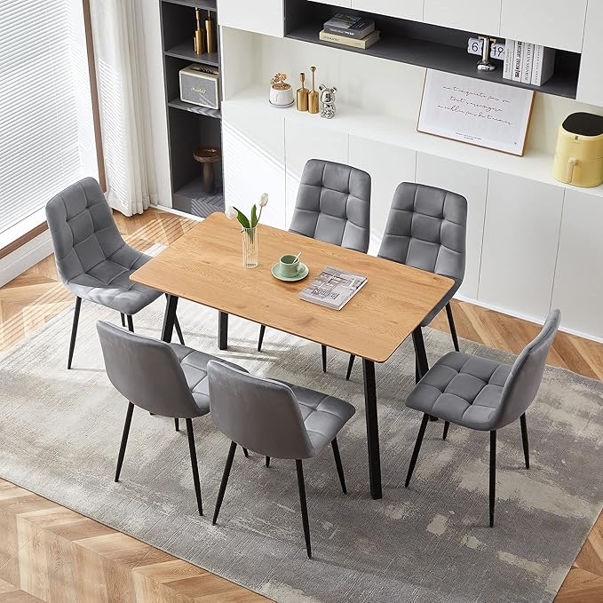 Grey Velvet Chair Set of 6,Mid-Century Modern Dining Chair Upholstered Living Chair Tufted Reception Chair with Solid Black Metal Legs for Bedroom,Dining Room,Kitchen