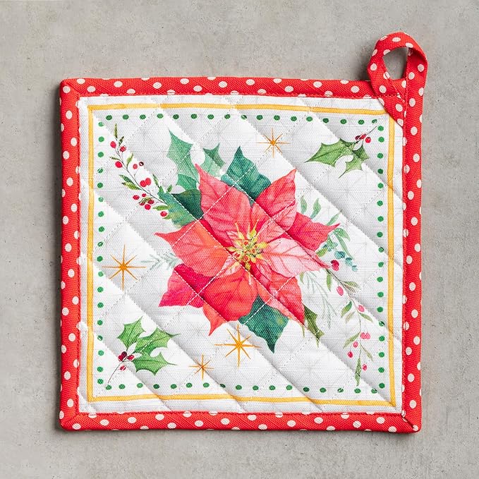 Maison d' Hermine Pot Holders 100% Cotton Heat Resistant Potholders 8" x 8" Hot Pads with Loop for Thanksgiving Christmas Decorations BBQ Cooking Handling Hot Pans (Pack of 1, Poinsettia Christmas)