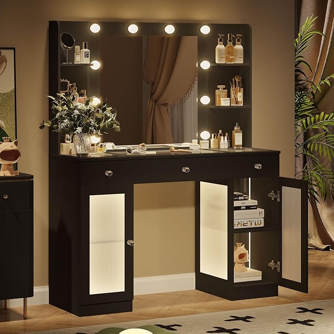 Makeup Vanity with Glass Top, Black Vanity Desk with Mirror and Lights, Big Vanity with Drawers & Cabinets for Bedroom, Cute Vanity with Crystal Knobs & Power Outlet for Women, Girls