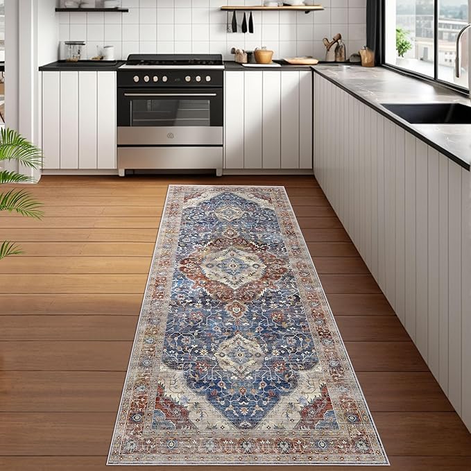 Boho Runner Rug 3x8 Low Pile Rug Runners for Hallway Kitchen Distressed Carpet Runner Rug Non-Slip Brown/Navy Blue