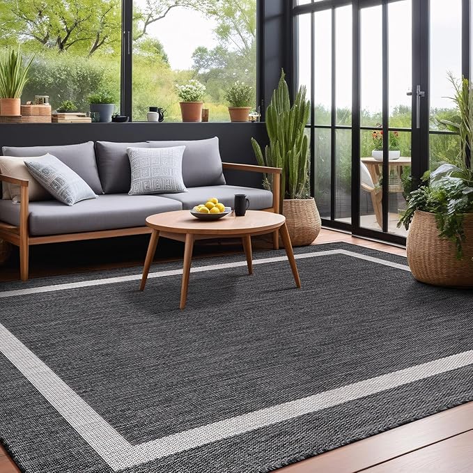 Bordered Outdoor Rug 5x7 Washable Outside Carpet for Indoor Patio Porch Waterproof Easy Cleaning Non Shedding Area Rugs Gray 5 x 7