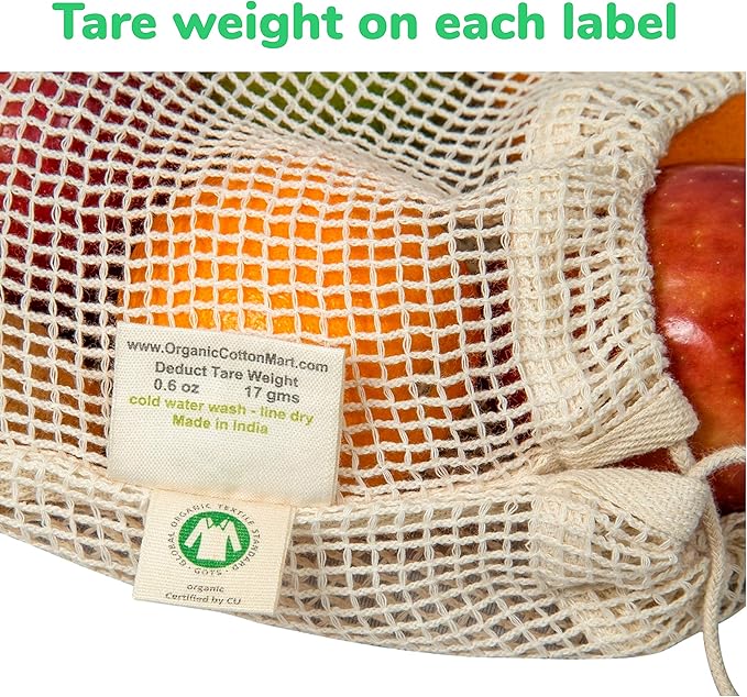 Reusable Cotton Mesh Produce Bags - 100% Organic Cotton, Durable, Double Stitched, Washable with Tare Weight & Drawstring - Mesh Bags for Grocery Shopping, Vegetables & Fruits | Set of 6 (2L, 2M, 2S)