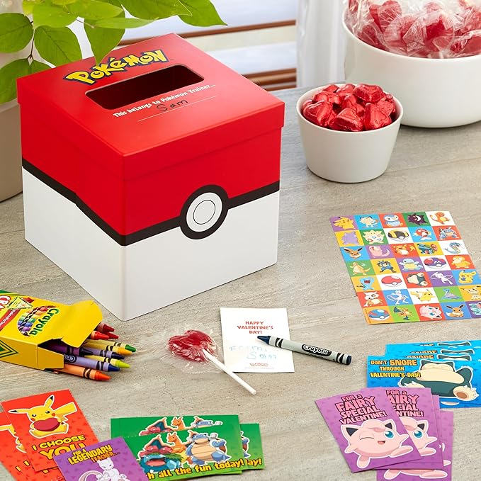 Hallmark Pokémon Valentines Day Cards and Mailbox for Kids School Classroom Exchange (1 Box, 32 Valentine Cards, 35 Stickers, 1 Teacher Card)