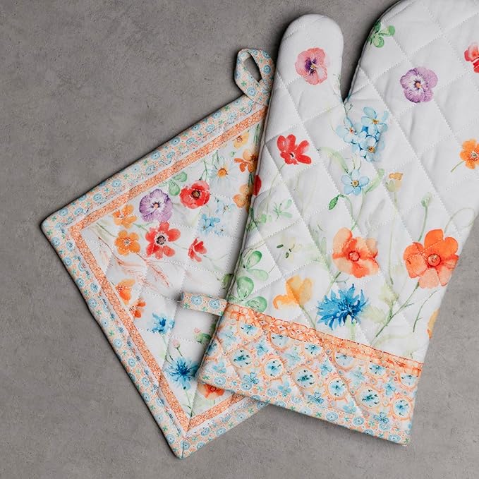 Maison d' Hermine 100% Cotton Oven Mitt & Pot Holder Set (7.5"x13" & 8"x8") Heat Resistant BBQ Cooking Gloves with Loop, Baking, Grilling, Kitchen, Handling Hot Pans Spring/Summer (Summer Whisper)