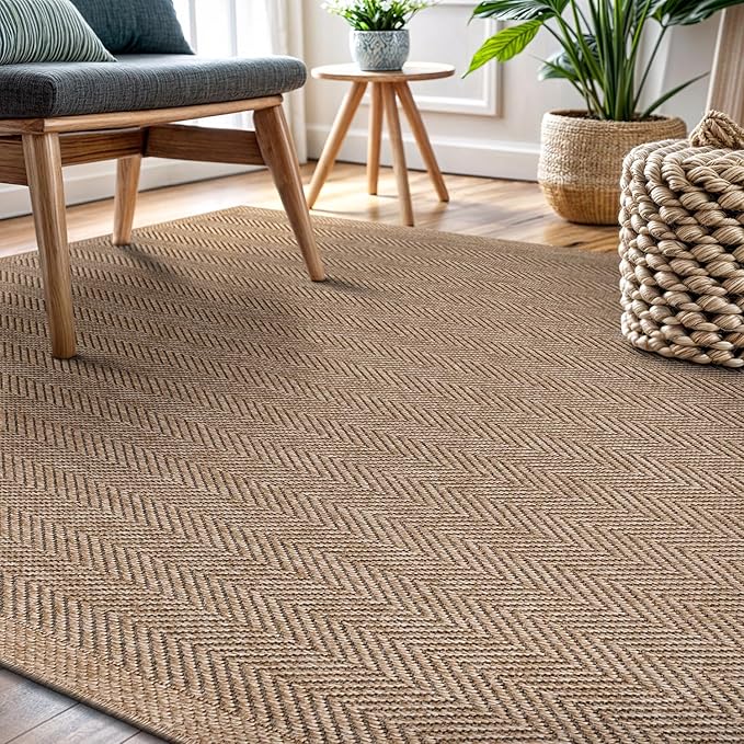 CAMILSON Easy Jute Rug 8x10, Indoor Outdoor Natural Color Fiber Area Rugs for Living Room and Patio Rug Herringbone Seagrass Boho Woven Design Easy-Cleaning Washable Outside Carpet Alfombras 8 x 10