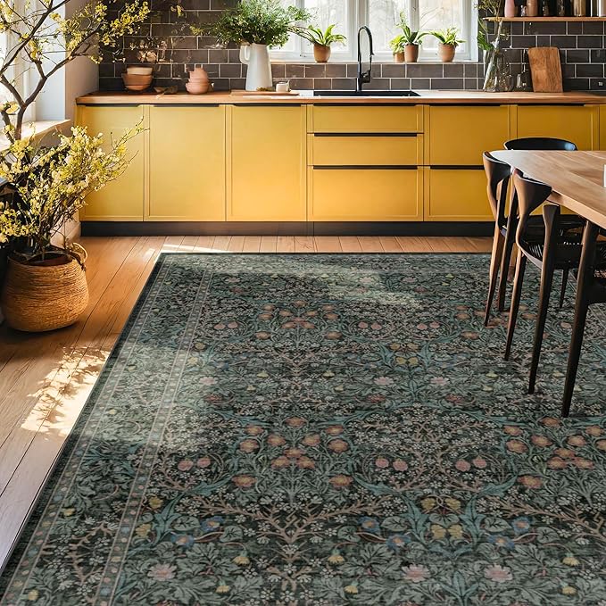 Vintage Washable Dark Green 10x14 Rug for Living Room - Extra Large Area Rug for Dining Room Under Table, Soft Low Pile Carpet for Bedroom - Vintage Floral Design Non-Slip (10x14 Dark Green)