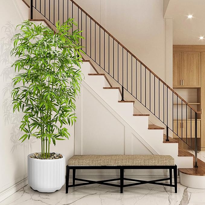 Artificial Tree Fake Plants, Artificial Bamboo Tree 7FT Tall in White Potted, Artificial Tree Indoor Decor Bamboo Silk Tree with Natural Wood Trunk, for Home Office Living Room Modern