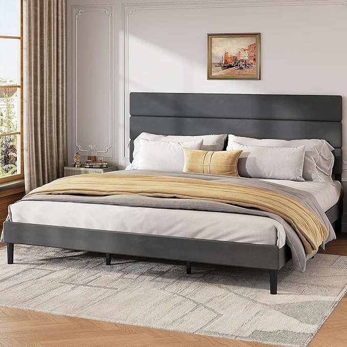 WLIVE King Size Upholstered Bed Frame, Velvet Square Tufted Headboard, Sturdy Metal & Wooden Slats Support, No Box Spring Needed, Light Grey