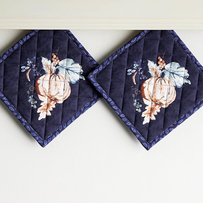 Maison d' Hermine Pot Holders Set 100% Cotton Heat Resistant Potholders 8" x 8" Hot Pads with Loop for Thanksgiving Christmas Decorations BBQ Baking Handling Hot Pans (Pack of 2, Pumpkin Blues)