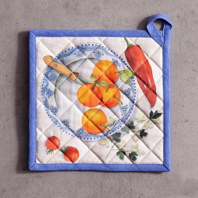 Maison d' Hermine Pot Holders 100% Cotton Heat Resistant Potholders 8" x 8" Hot Pads with Loop BBQ, Cooking, Baking, Grilling, Kitchen, Handling Hot Pans Spring/Summer (Pack of 1, Gourmand)