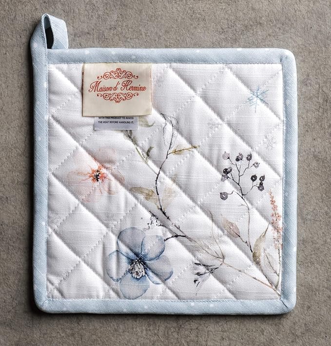 Maison d' Hermine Pot Holders Set 100% Cotton Heat Resistant Potholders 8" x 8" Hot Pads with Loop for Thanksgiving Christmas Decorations BBQ Cooking Baking Handling Hot Pans (Pack of 2, Ice Florals)