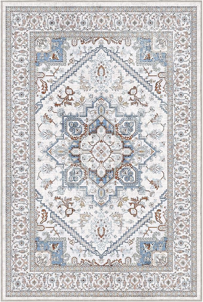 OPPODREAM Thin Throw Rugs 2x3, Small Neutral Washable Entryway Rugs 2 x 3 with Non Slip Backing, Low-Pile Faux Cashmere 2 x 3 Carpet, Cream White & Blue & Light Brown