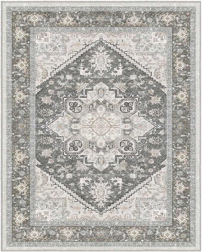 OPPODREAM Thin 8x10 Area Rugs, Washable Rugs 8x10 with Non Slip Backing, Faux Cashmere Low-Pile 8 x 10 Carpet, Greenish Grey