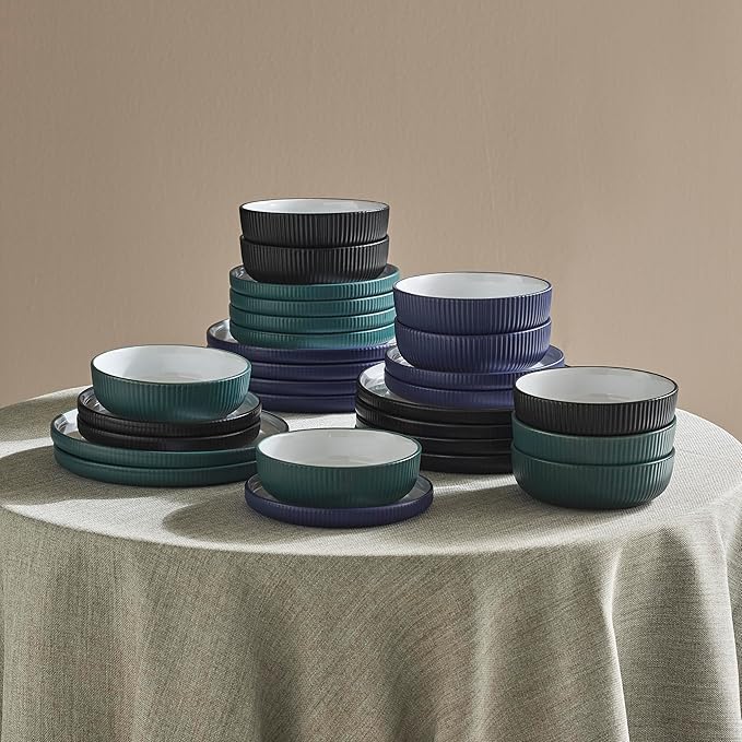 Christian Siriano Laro 12-Piece Stoneware Dinnerware Set, Plates and Bowls Set, Microwave and Dishwasher Safe, Dish Set for 4, Green