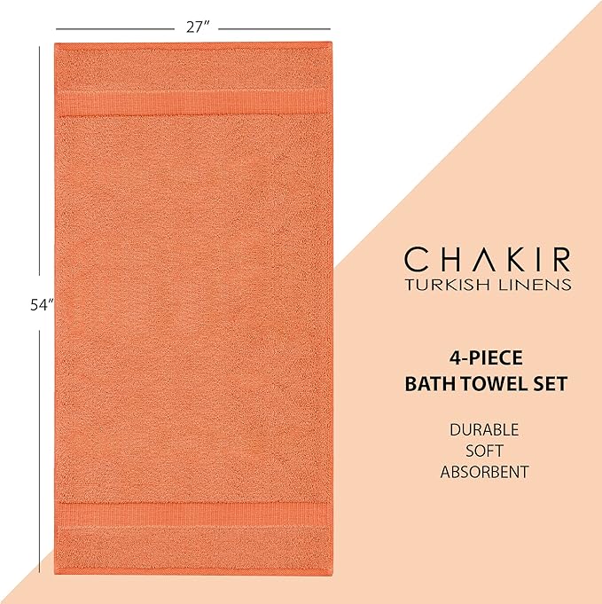 Chakir Turkish Linens | Hotel & Spa Quality 100% Cotton Premium Turkish Towels | Soft & Absorbent (4-Piece Bath Towels, Coral)