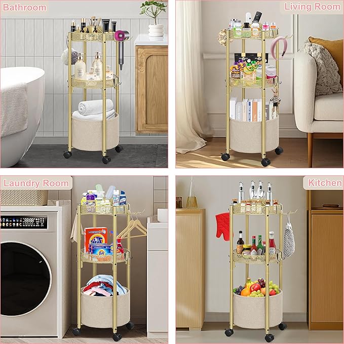 3-Tier Rolling Makeup Organizer Cart with Hair Dryer Holder - Salon-Grade Cosmetic Organizer, Mobile Bathroom Storage Cart for Skincare, Makeup Essentials -Locking Wheels (Gold Finish)