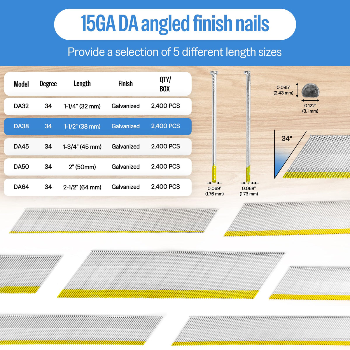 meite 15 Gauge Angled Finish Nails 1-1/2 Inch 34 Degree Nails for Pneumatic or Electric Finish Nailer, Galvanized No-Rust Finishing Nail for Cabinet Crown Baseboard Window Casing, DA Style 19,200 PCS