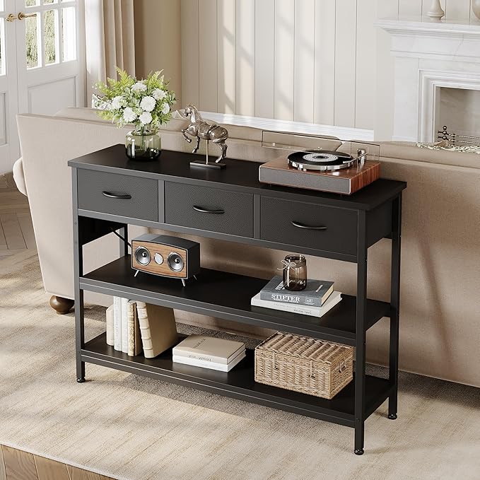 Lulive Entryway Table with Power Outlets, Console Table with 3 Fabric Drawers, Sofa Table for Living Room, Hallway, Couch, Foyer, Height Adjustable (Black, 43")