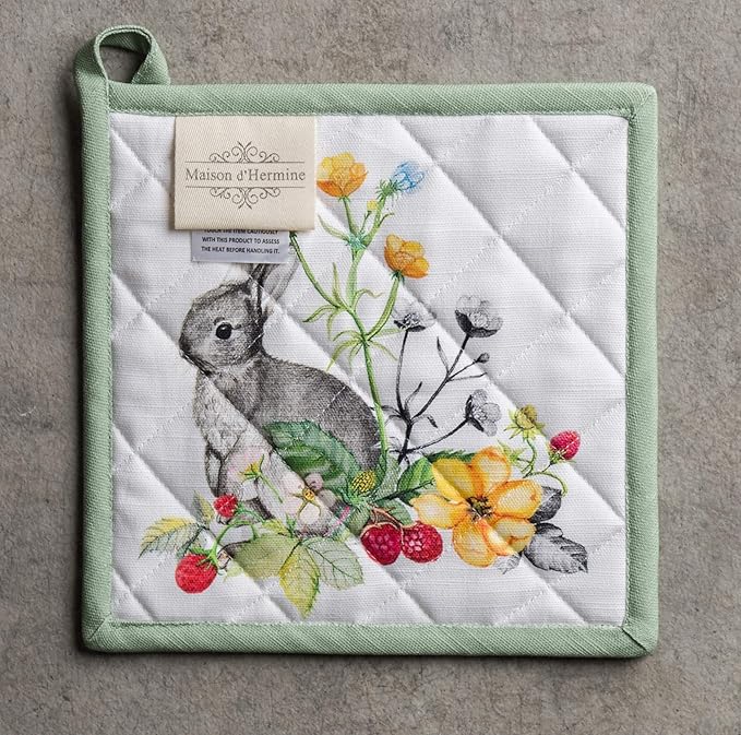 Maison d' Hermine Pot Holders Set 100% Cotton Heat Resistant Potholders 8" x 8" Hot Pads with Loop BBQ, Cooking, Baking, Grilling, Kitchen, Handling Hot Pans Spring/Summer (Pack of 2, Printemps)
