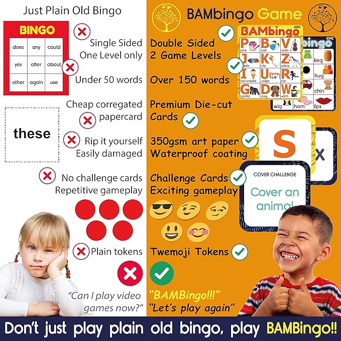 THE BAMBINO TREE Alphabet and Phonics Bingo - ABC Learning Letter Recognition and CVC Words with Pictures - Phonics Games for Kids Ages 3-7 yrs Preschool Kindergarten