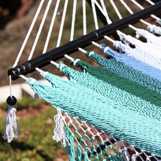 Sunnydaze Woven Double Hammock for Outside with Crocheted Edges and Spreader Bars - 600-Pound Weight Capacity Outdoor Hammock for Trees - Lagoon Stripes