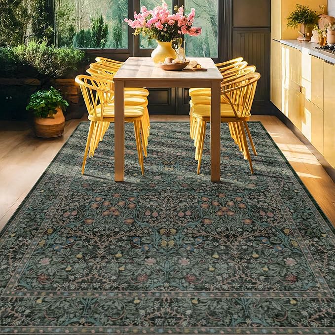 Vintage Dark Green Living Room Rug, 8x10 Washable Area Rugs for Dining Room Under Kitchen Table, Bedroom, Oriental Low Pile Stain Resistant Non-Slip Large Carpet (8x10 Dark Green)