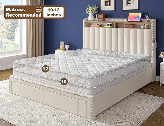 EnHomee Full Size Bed Frame, Upholstered Full Bed Frame with 3 Storage Drawers & 2-Tier Headboard Shelves, 900LBS Heavy Duty, No Box Spring Needed, Easy Assembly, Beige
